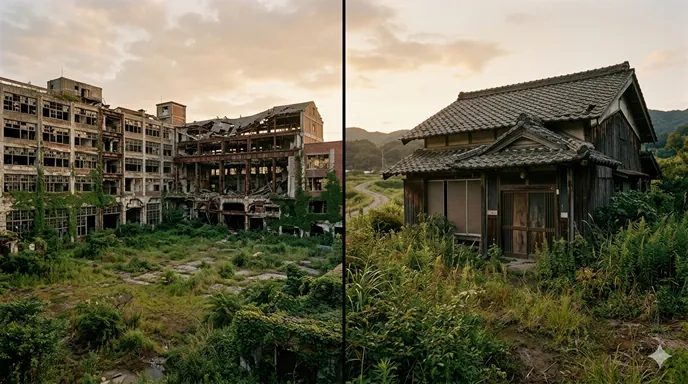 役目を終えた大きな施設の廃墟と、人が住まなくなった小さな廃屋が左右に対比されている静かな風景。