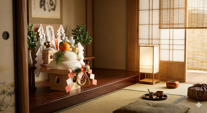 神棚の前に供えられた鏡餅に朝日が差し込み、正月の福と無病息災を願う様子を表した画像。