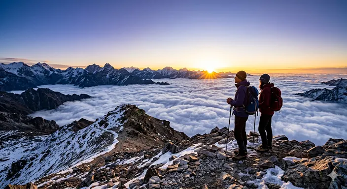雲海に包まれた山頂で、登山者が昇る太陽をご来光として静かに拝んでいる様子。