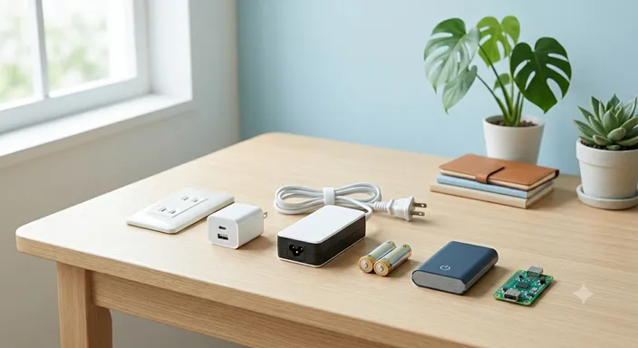 家庭のコンセント、充電器、バッテリー、電子機器が整然と並び、安全に電源を選ぶ理解を象徴する明るいイメージ。
