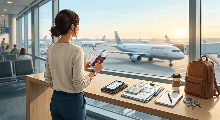 パスポートと必要書類を確認し終え、空港の窓から飛行機を見つめる旅行者の後ろ姿。