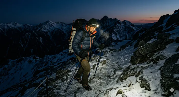 夜明け前の山道で、ヘッドライトや防寒具を身につけた登山者が安全にご来光を目指している様子。