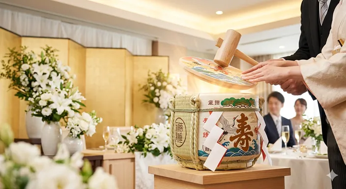 祝宴で菰樽のふたを木槌で開けようとしている手元と、祝いの雰囲気を表した画像。