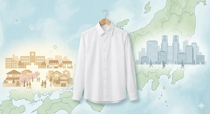 日本地図の東西を背景に、同じ白いシャツが地域によって異なる呼び方をされることを表した画像。
