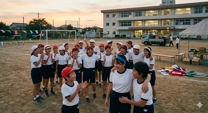 運動会と体育祭を終えた子どもたちや生徒たちが夕方のグラウンドで達成感を共有している風景。