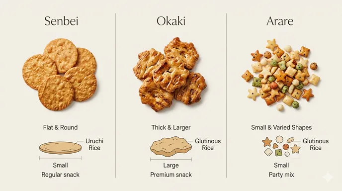 せんべい・おかき・あられを三列で並べ、原料の米と大きさの違いを英語ラベルで整理した比較画像。