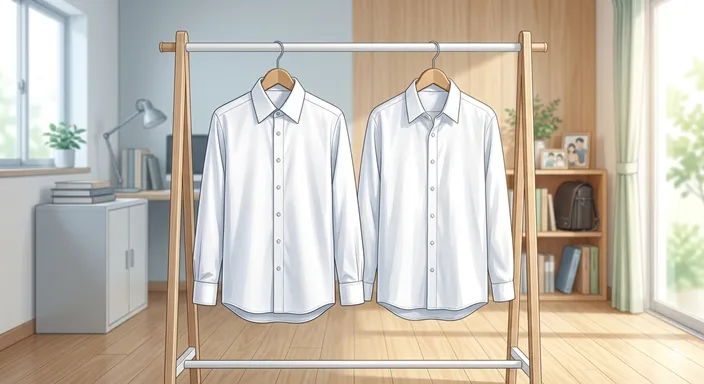 ビジネス用と学生用の白いシャツが同じハンガーラックに並び、呼び方は違っても用途に応じて選べることを表した画像。