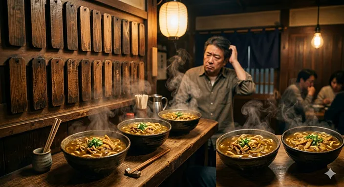 そば屋の木製メニュー札に似た雰囲気のカレー系麺料理が並び、違いがわかりにくい状況を表した画像。