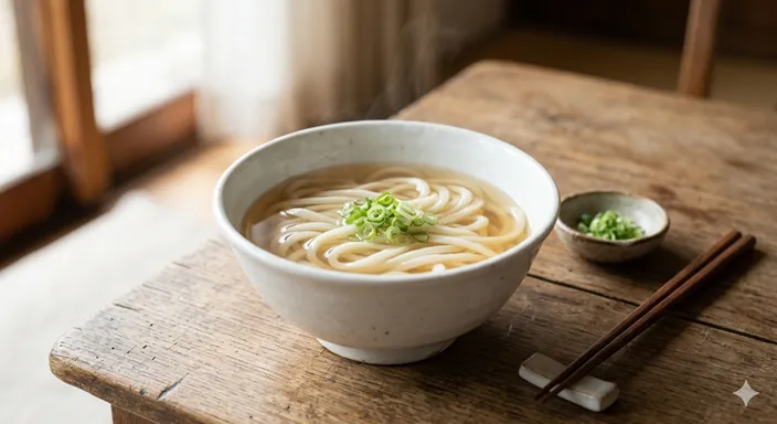 ねぎだけを少し添えた、だしと麺の素朴さが際立つ素うどんの丼。