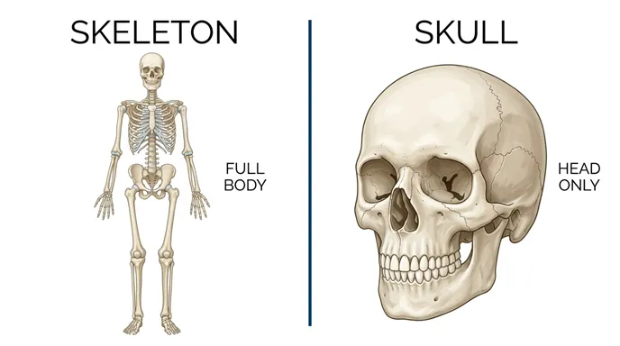 全身の骨格を示すSKELETONと頭蓋骨を示すSKULLを左右に比較した図解。