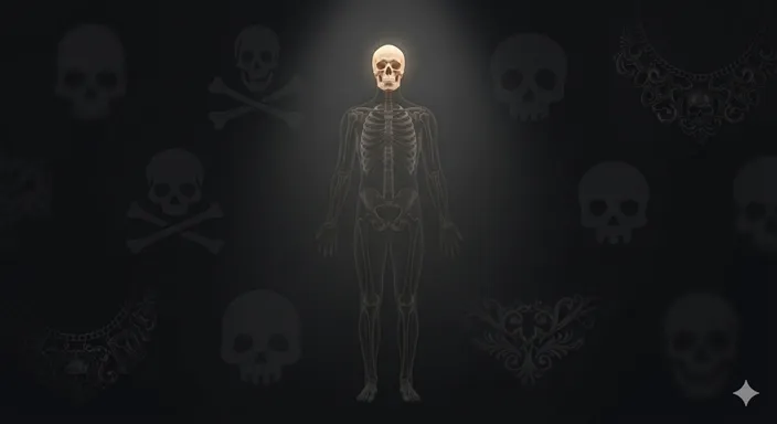 全身の骸骨の中で頭蓋骨だけが強く照らされ、ドクロが全体を代表する様子を表した画像。