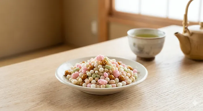 小さな色とりどりのあられが小皿に盛られ、一粒ずつつまみやすい軽やかさを表した画像。