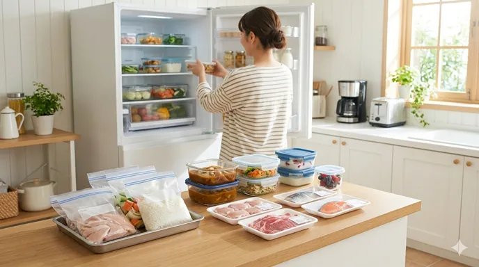 冷凍・冷蔵・チルドを正しく使い分け、食品を無駄なく保存している整ったキッチンの様子。
