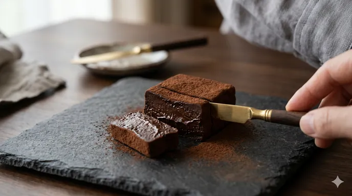 ココアパウダーをまとった生チョコがナイフでやわらかく切られ、なめらかな断面が見えている画像。