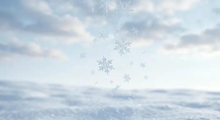冷たい雲の下で、六角形の雪の結晶が空中から静かに地上へ舞い降りている様子。