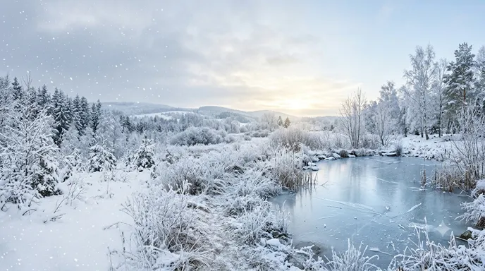 空から舞い落ちる雪、草葉に白く付いた霜、池の表面に張った氷を一枚の冬景色で対比した画像。