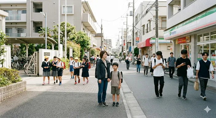 明るい学校や街の活動から少し距離を置いて立つ親子が、社会参加の難しさを象徴している画像。