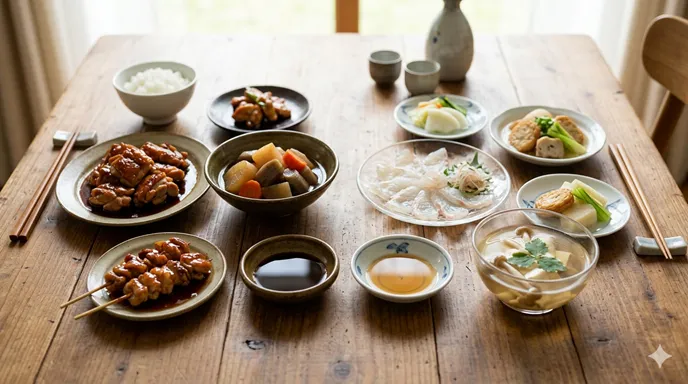 料理に合わせて濃口醤油と薄口醤油を使い分け、和食を美しく仕上げている様子。