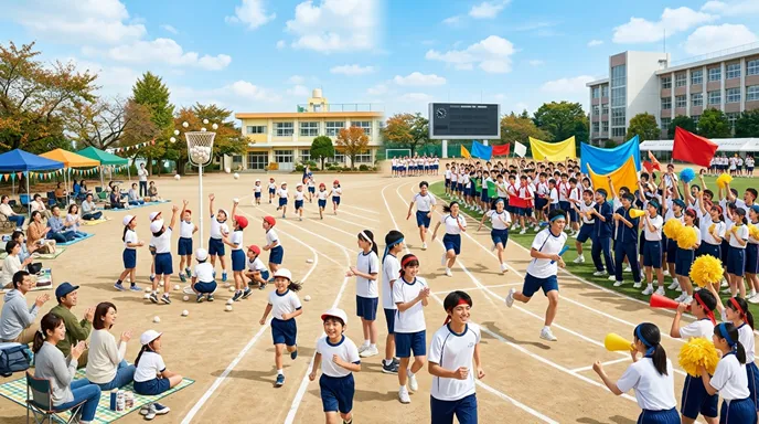 小学校の温かな運動会と中高生の熱気ある体育祭を左右で対比した学校行事のイメージ。