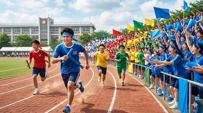 中高生が団対抗リレーと応援で一体となって盛り上がる体育祭の熱気ある風景。