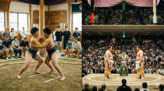 地域の道場で行われる一般的な相撲と、大観衆が見守る本格的な大相撲の土俵を左右に対比した画像。