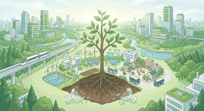 泡ではなく、地面に根を張る若木と都市インフラが調和し、持続可能な成長を象徴している画像。