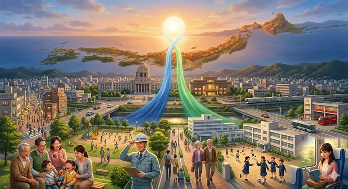 国と地方の二つの財源が協力し、日本各地の人々の安全で豊かな暮らしを支えている風景。