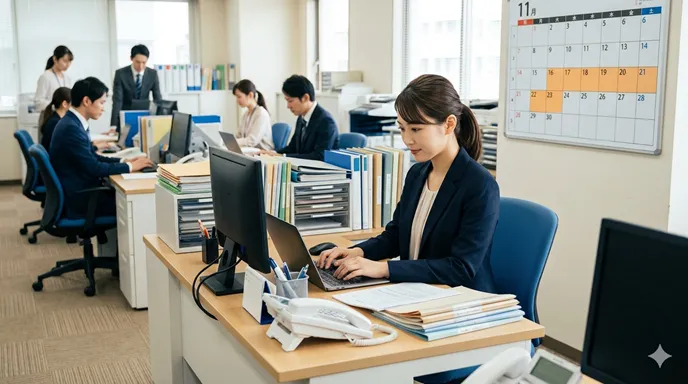 繁忙期のオフィスで、期間が強調されたカレンダーを背景に一時的な業務を支援する臨時職員。
