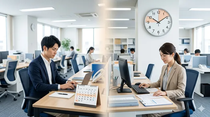 期間限定の勤務を表すカレンダーの前で働く臨時職員と、短い勤務時間を表す時計のそばで働く非常勤職員の対比。