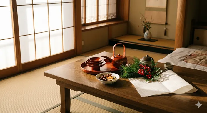 朱塗りの屠蘇器と盃、屠蘇散を思わせる生薬、正月飾りが静かに並ぶ新年の食卓。