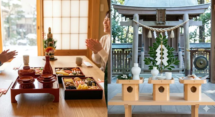正月の祝い膳に置かれたお屠蘇の盃と、神前に供えられたお神酒の酒器を左右で対比した画像。