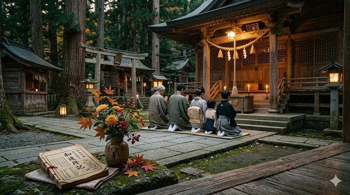 神社の境内で家族が人生の節目を祝う様子と、古い暦が重なった文化的な年齢観を表す画像。