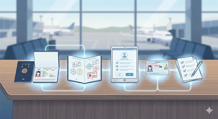 パスポート、ビザ、電子渡航認証、在留資格などの関係を、空港と書類のアイコンで整理した概念図風の画像。