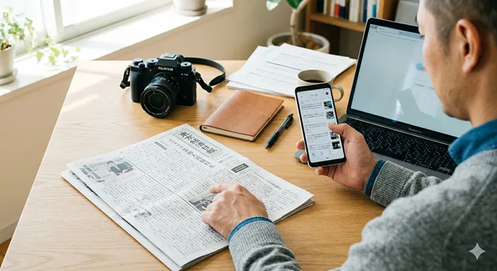 新聞、スマートフォン、カメラ、メモ帳が一つの机に並び、情報を冷静に読み解く姿勢を象徴する画像。