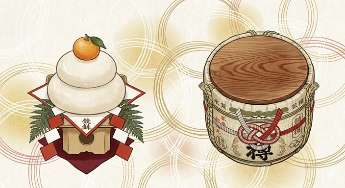 鏡餅と酒樽の丸いふたが並び、どちらも鏡と呼ばれるため混同されやすいことを表した画像。