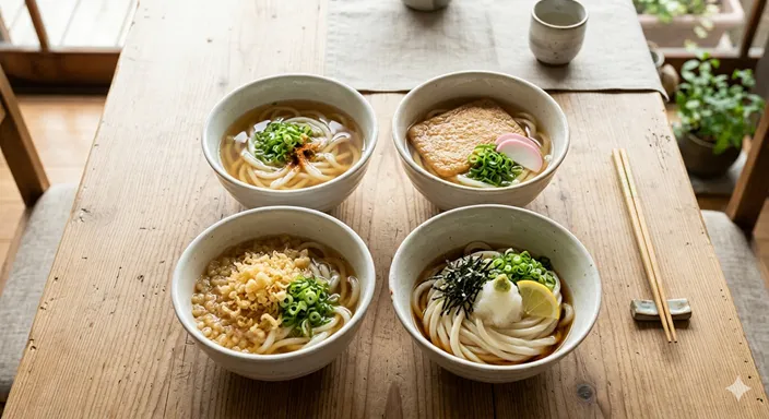 かけうどん、きつねうどん、たぬきうどん、ぶっかけうどんなど、具材や食べ方の違いがわかる複数のうどん。