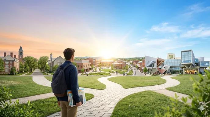 三つの大学への道が一つの未来へ向かって伸び、学生が自分に合う進路を選ぼうとしている様子。