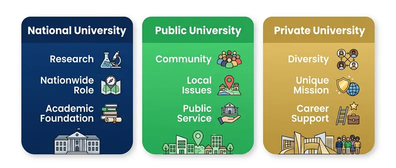 National University、Public University、Private Universityの三つを英語ラベルで比較し、それぞれの特徴を視覚的に整理したインフォグラフィック。