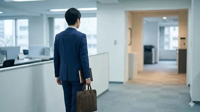 内容の見えない閉じた手帳を持ち、行き先を明かさずオフィスから外出するビジネスパーソン。