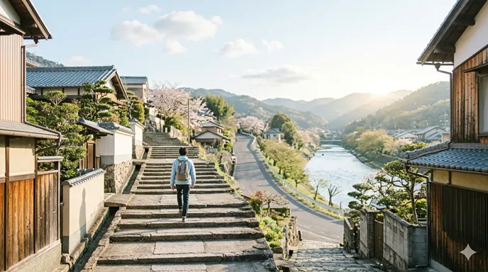 階段を上る人と、下流から上流へ向かう川の流れを重ねて表現した「上る」の広い意味を示す画像。