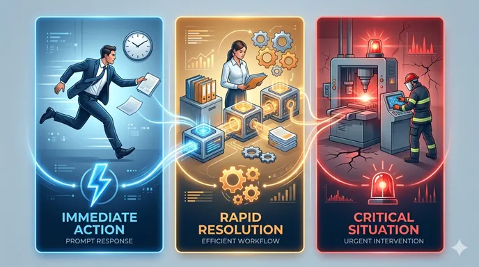 Immediate Action、Rapid Resolution、Critical Situationの三領域で、至急・早急・緊急の違いを視覚化した英語比較図。