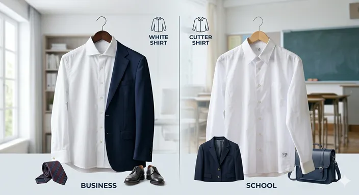 ビジネス用の白いシャツと学生服用の白いシャツを左右に並べ、語源・地域・使用場面の違いを視覚的に比較した画像。