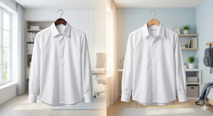 白いビジネスシャツと学生服用のシャツが並び、同じ衣類でも呼び方や使われる場面が異なることを表した画像。