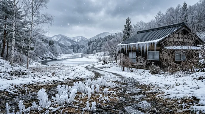 霜柱、雹、みぞれ、つららなど、雪・霜・氷に近い冬の自然現象を一枚にまとめた画像。