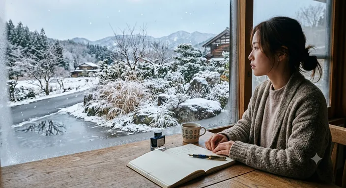 冬の窓辺で、外の雪景色や霜のついた草、氷の張った道を観察しながらノートに記録している様子。