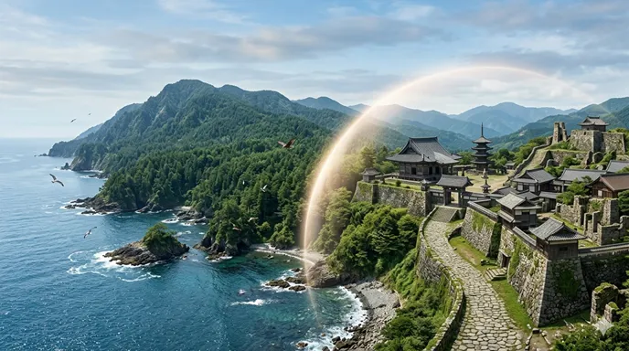 原生林や海に象徴される世界自然遺産と、歴史的建造物や遺跡に象徴される世界文化遺産を左右で対比したイメージ。